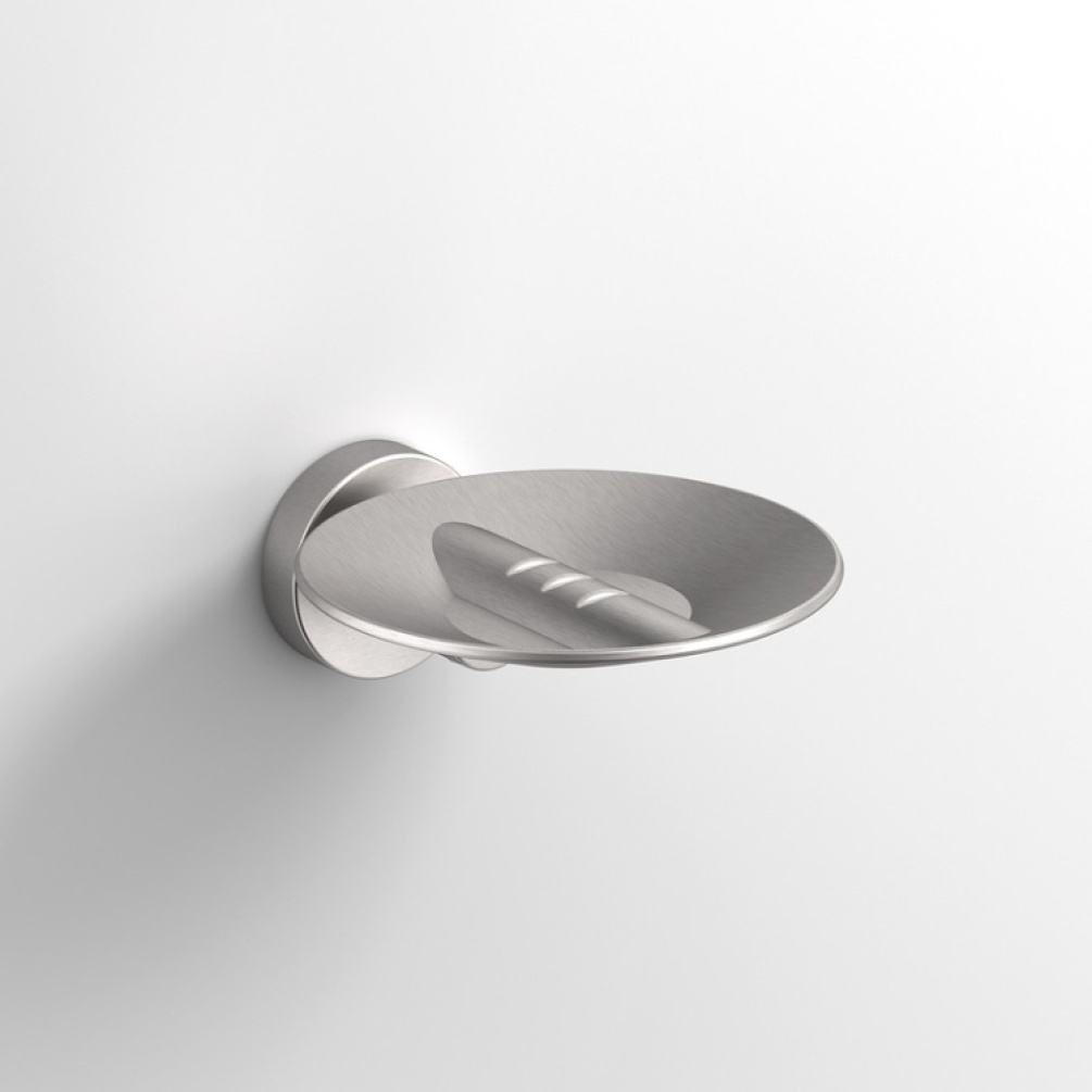 Close up product image of the Origins Living Tecno Project Brushed Nickel Metal Soap Dish